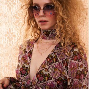 NWT The Hippie Shake Gold Dust Woman Floral Tile Lurex Tie Top UK SZ 8